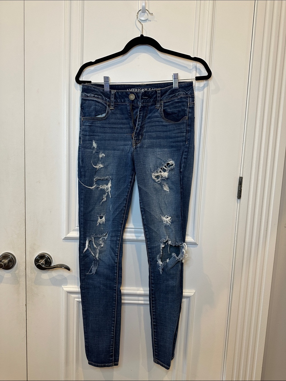 American Eagle Outfitters Distressed Hi-Rise Skinny Jeans - Dark Blue